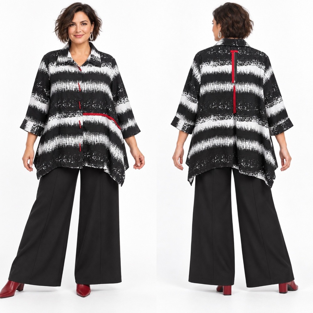 Ali Miles Button Front Blouse 1X Black White Abstract Stripe Red Accents